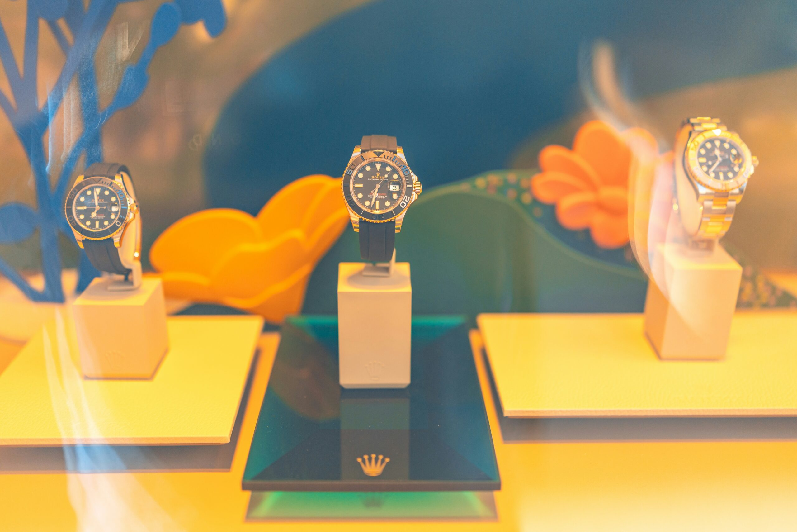 Rolex Yacht Masters presented for sale in shop front window